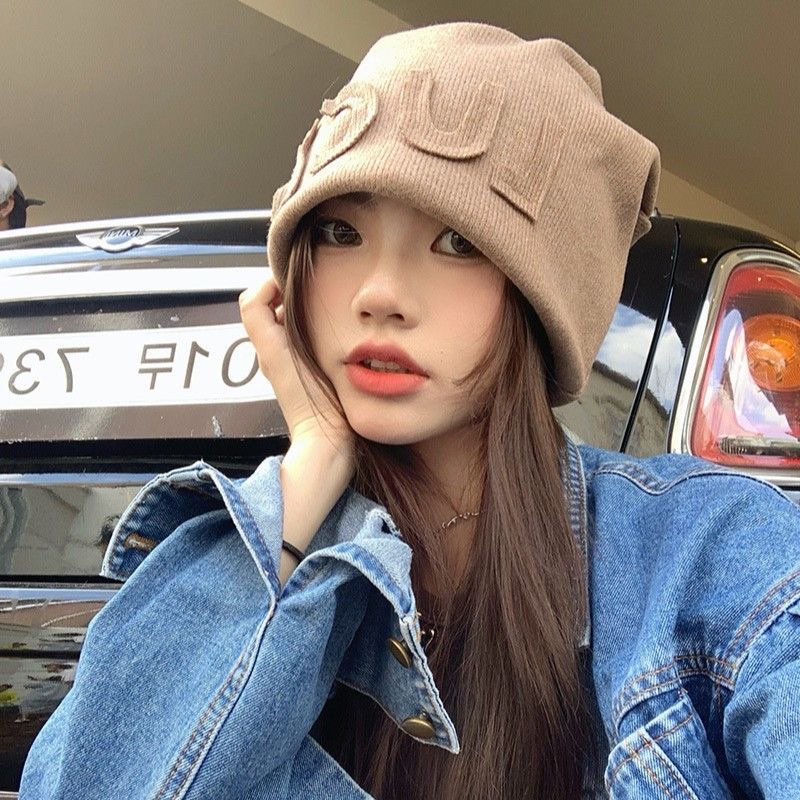 网红堆堆帽女厚款韩版日系百搭LUCK针织帽子秋冬毛线帽包头冷帽潮
