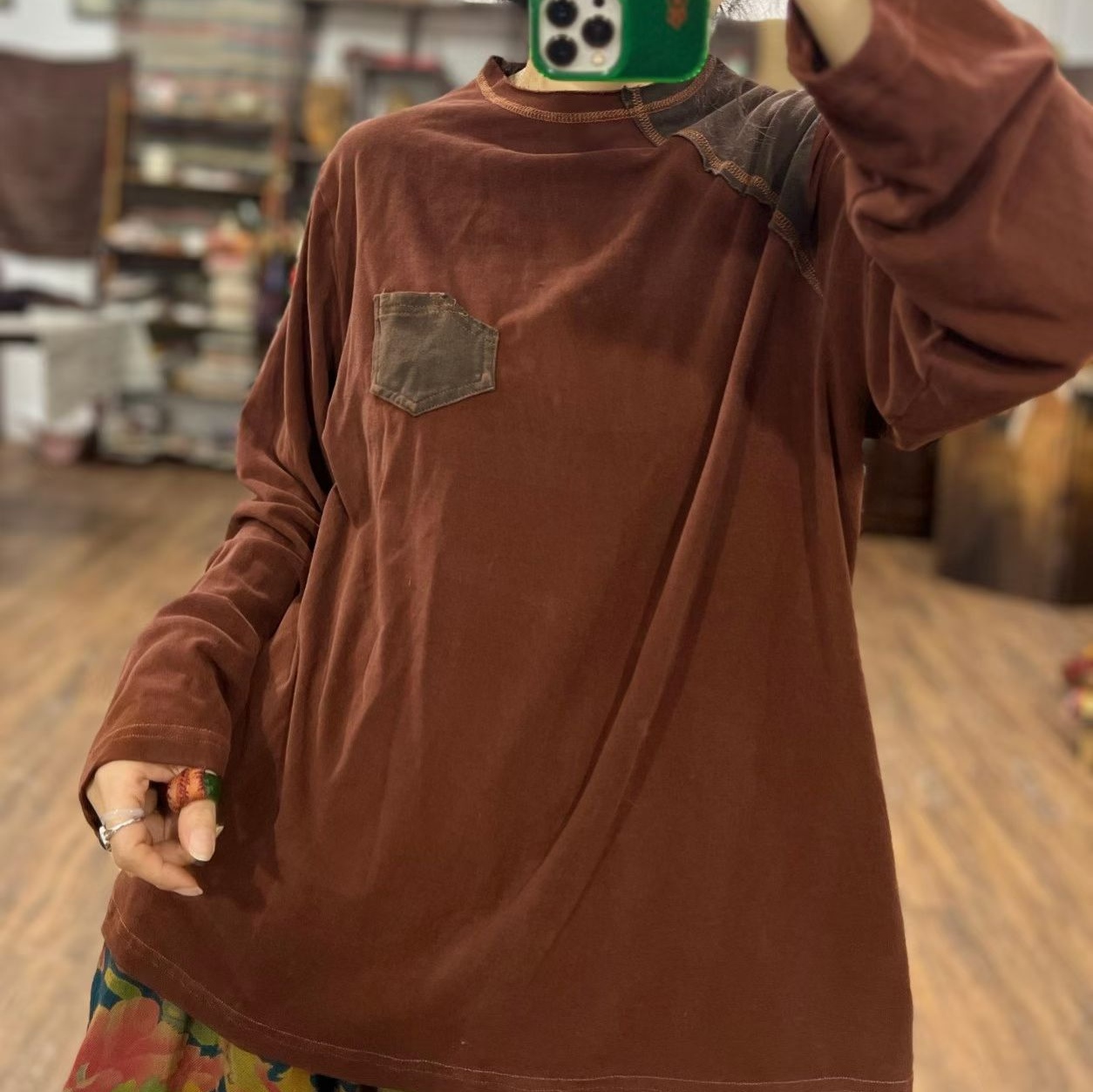 素喜光阴-复古全棉拼色炒色砂洗打底衫冬季新款百搭显瘦上衣