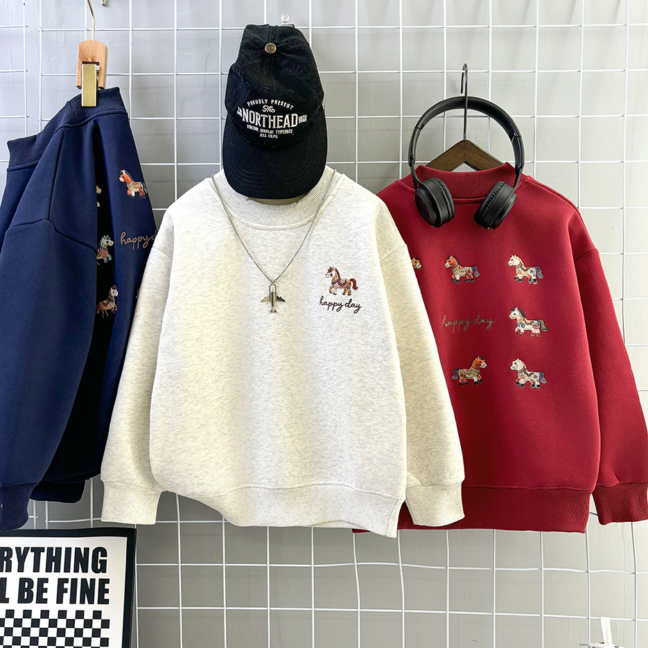 【加绒】冬季精美刺绣马年卫衣2025秋冬新款儿童一体绒卫衣宽松洋气