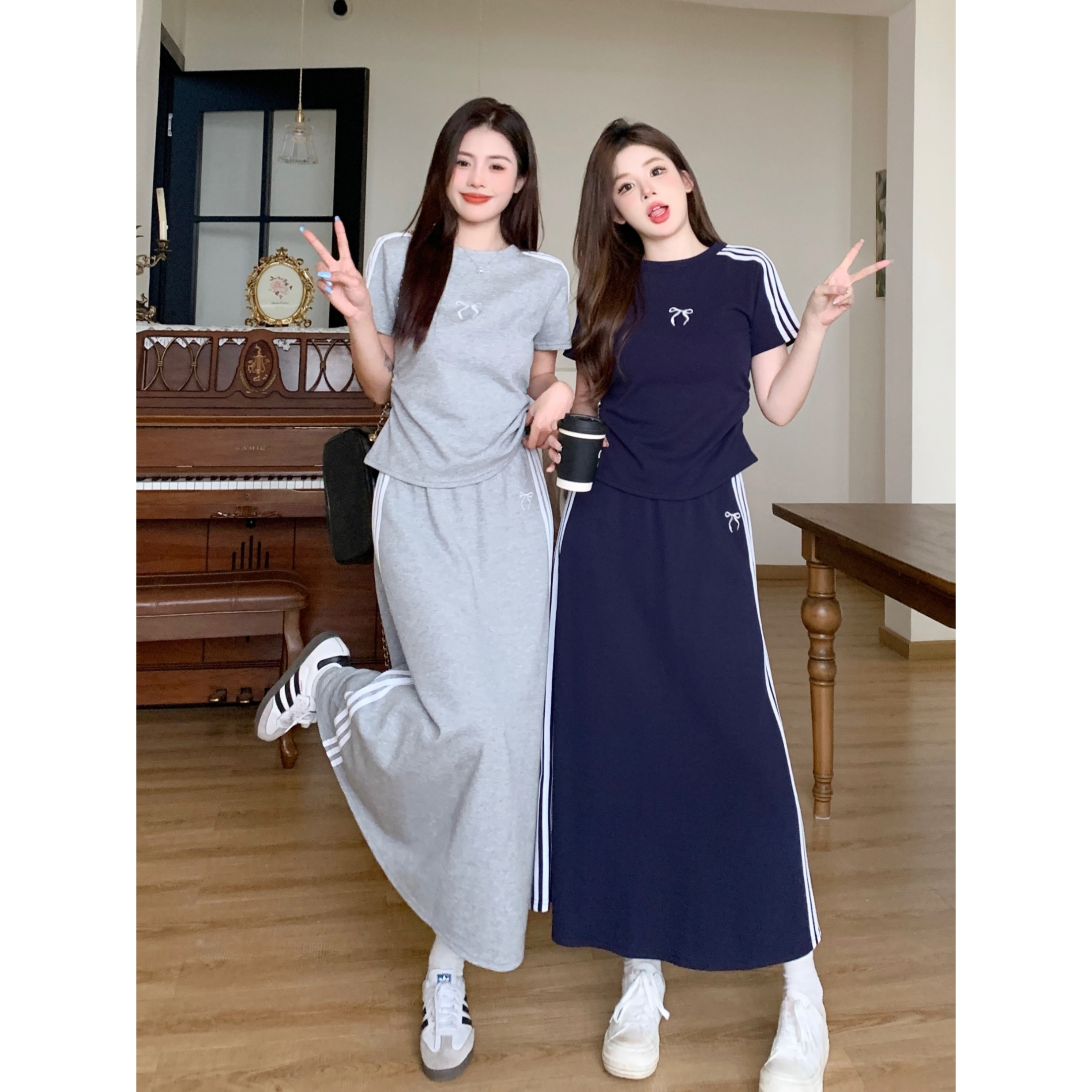 大码2025慵懒运动休闲套装时尚三条杠短袖T恤半身裙高腰两件套女