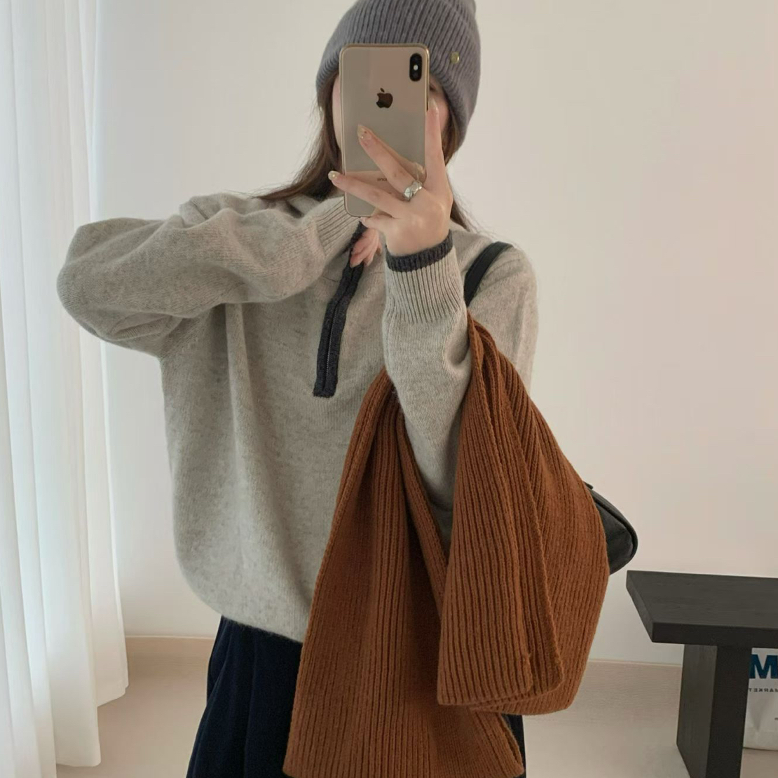 冬季针织韩版心形翻领上衣毛针织衫时尚网红半拉链