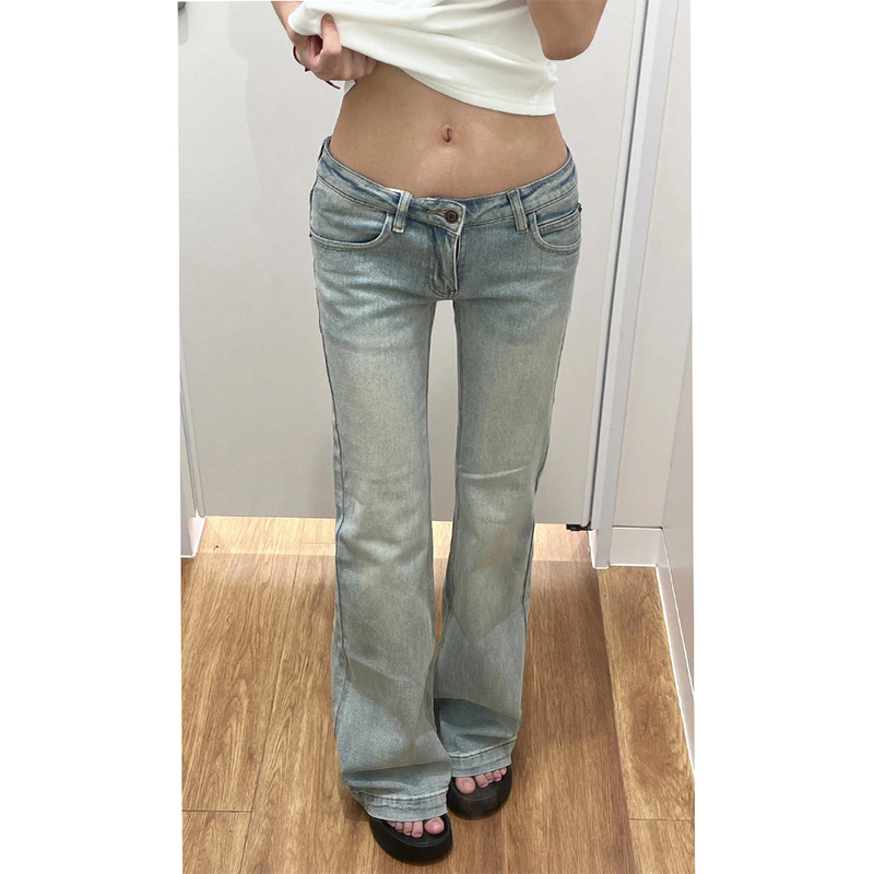 浅色微喇叭低腰牛仔裤女夏季新款美式辣妹性感紧身显瘦直筒长裤子