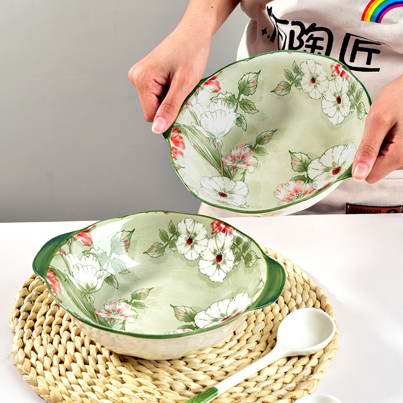 碗双耳碗1只9英寸蔷薇花语面碗家用颜值陶瓷餐具汤碗吃面碗