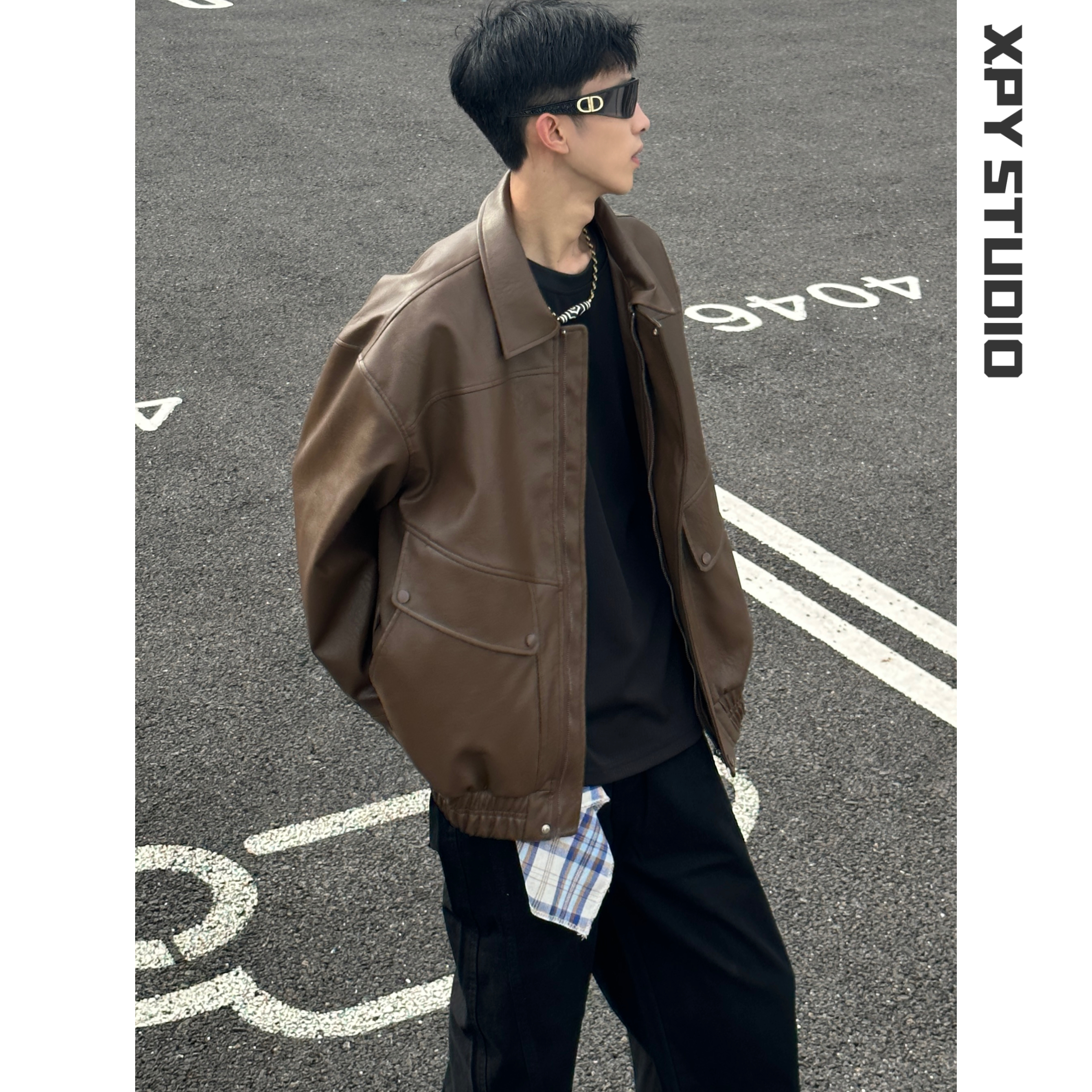 XPY丨秋季新款皮衣外套 美式复古高级时尚百搭翻领休闲宽松夹克