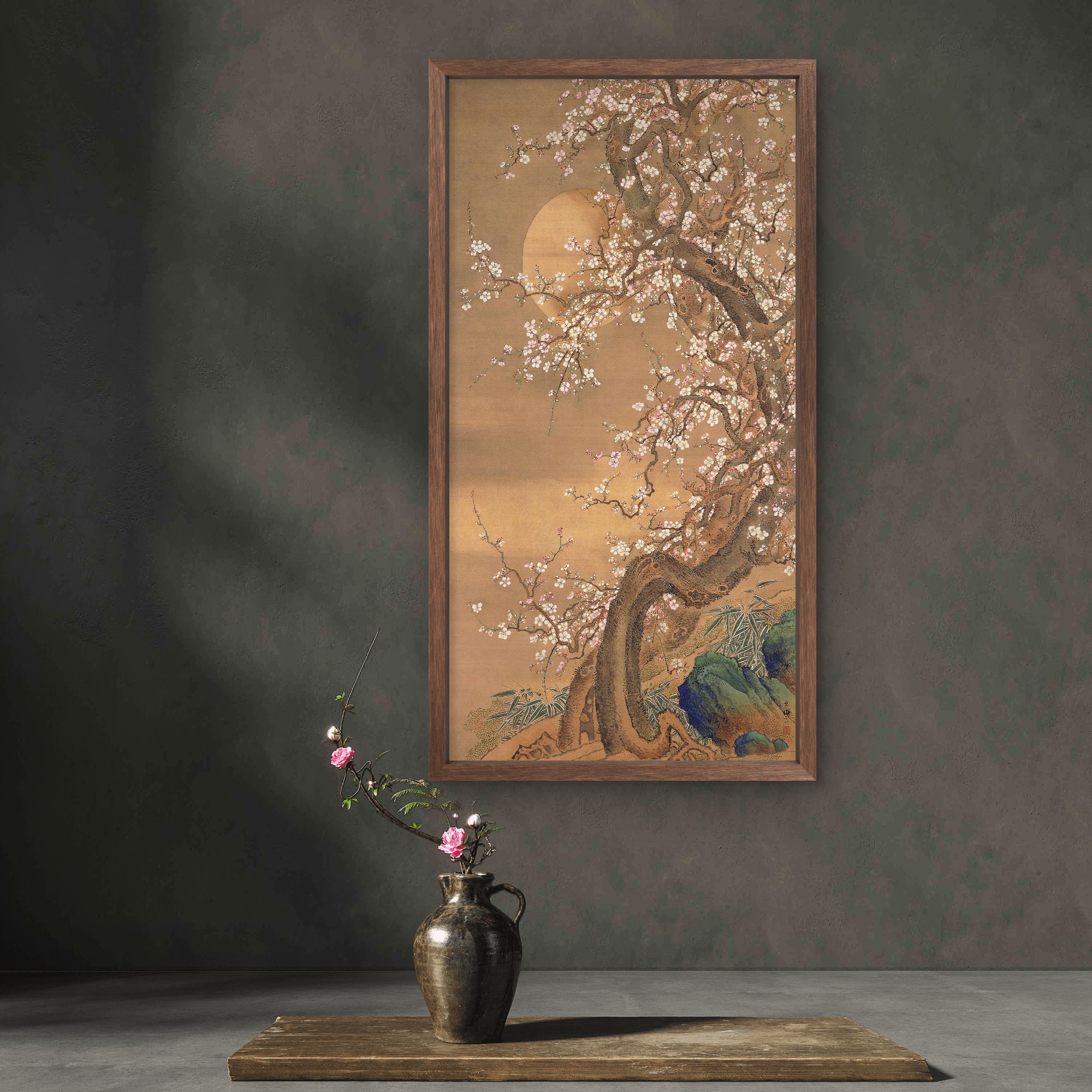 9309-30*55月下梅花中式装饰画木框玄关书房茶室客厅挂画