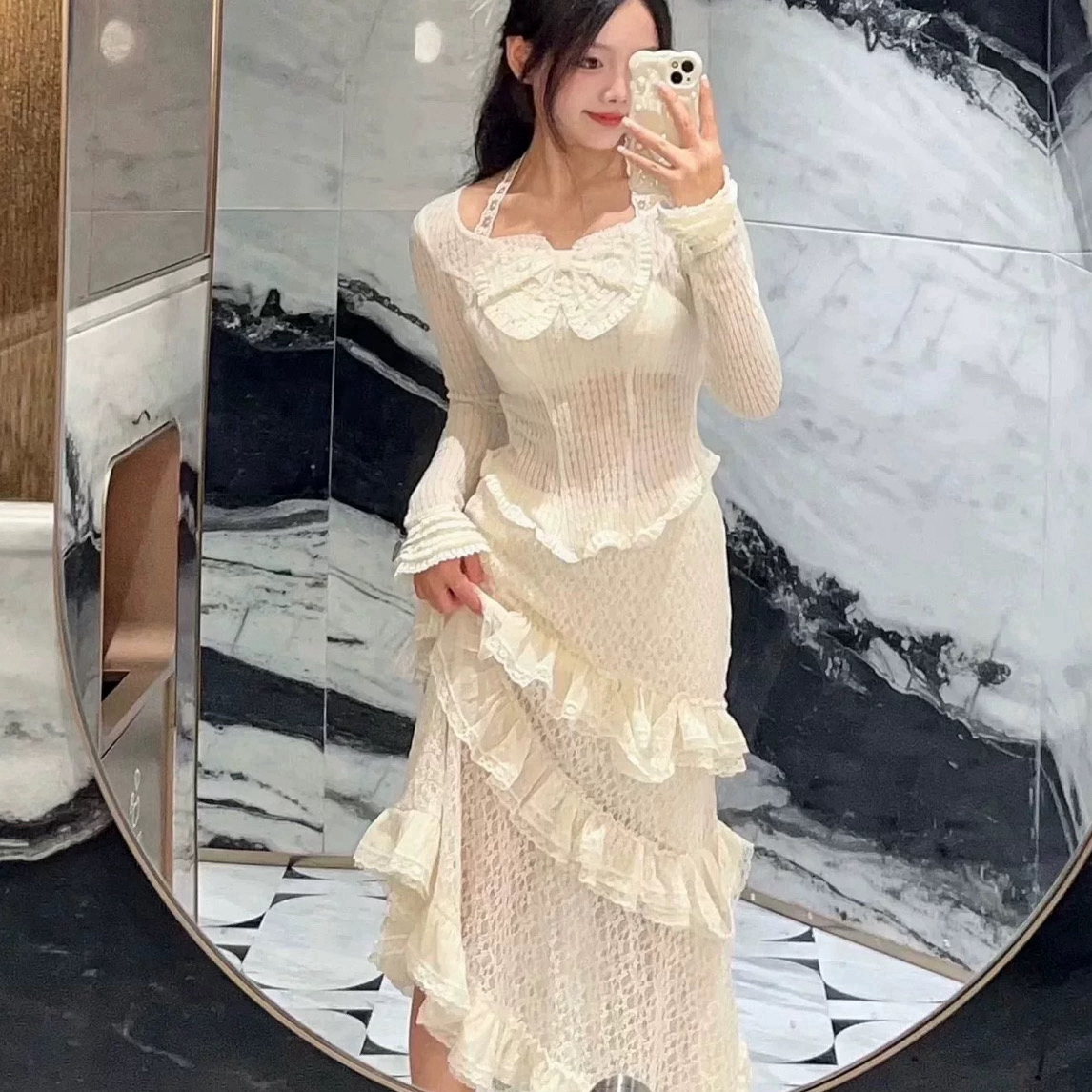 YINGYING（时尚蝴蝶结装饰喇叭袖白提花针织上衣女