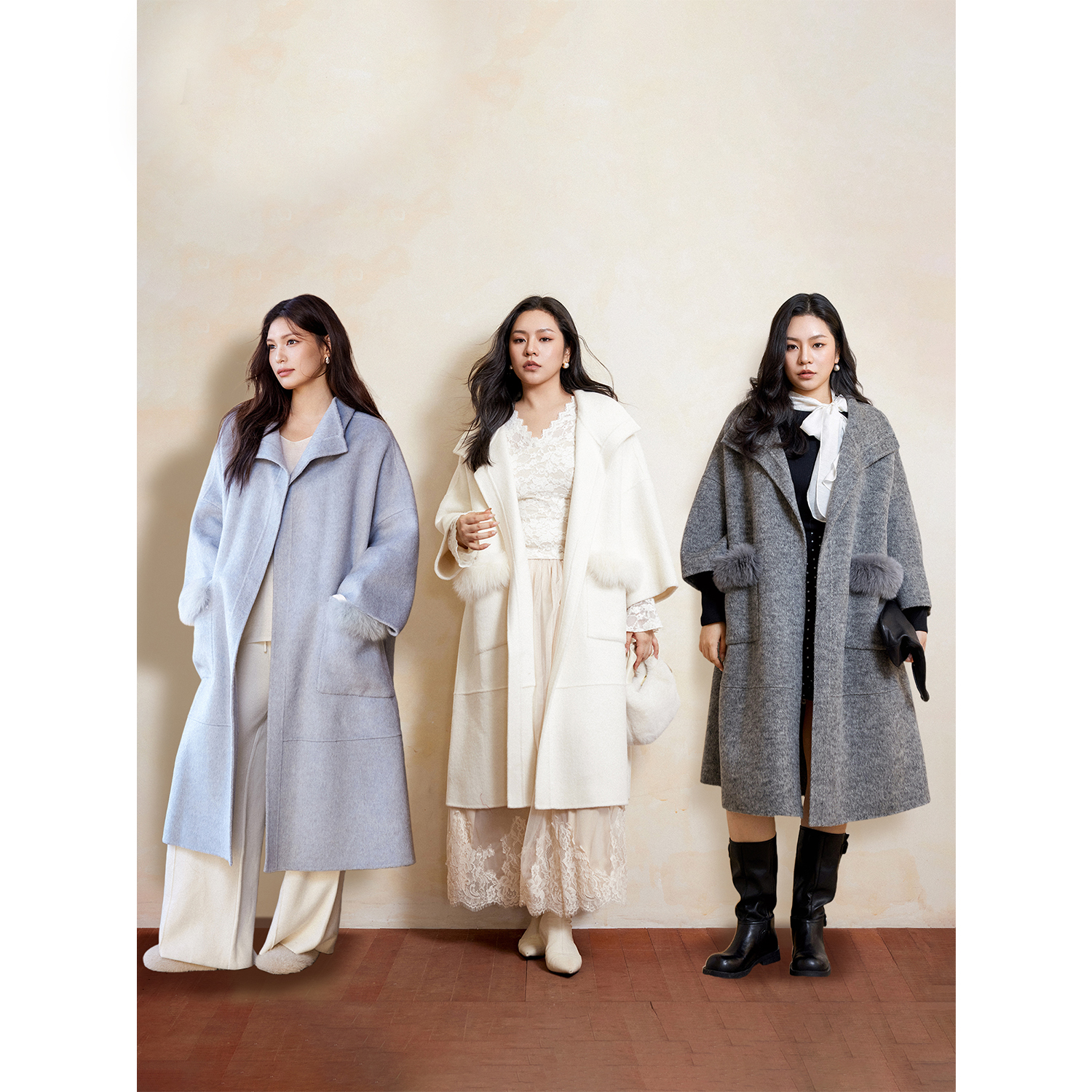 PLUSMALL 首尔初雪日 蚕丝羊驼羊毛混纺双面呢口袋大衣PM2511053