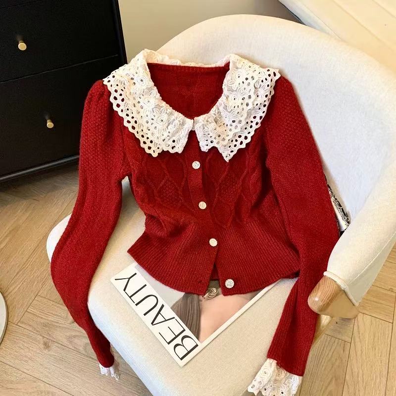 韩系气质双层蕾丝拼接娃娃领毛衣秋季冬收腰显瘦短款针织衫#9222