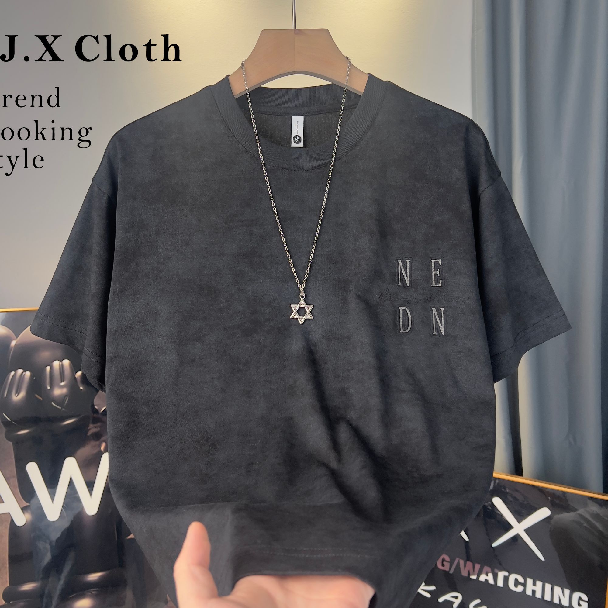 男士夏日重磅冰棉刺绣重工扎染潮款休闲百搭百搭圆领短袖T恤【021】