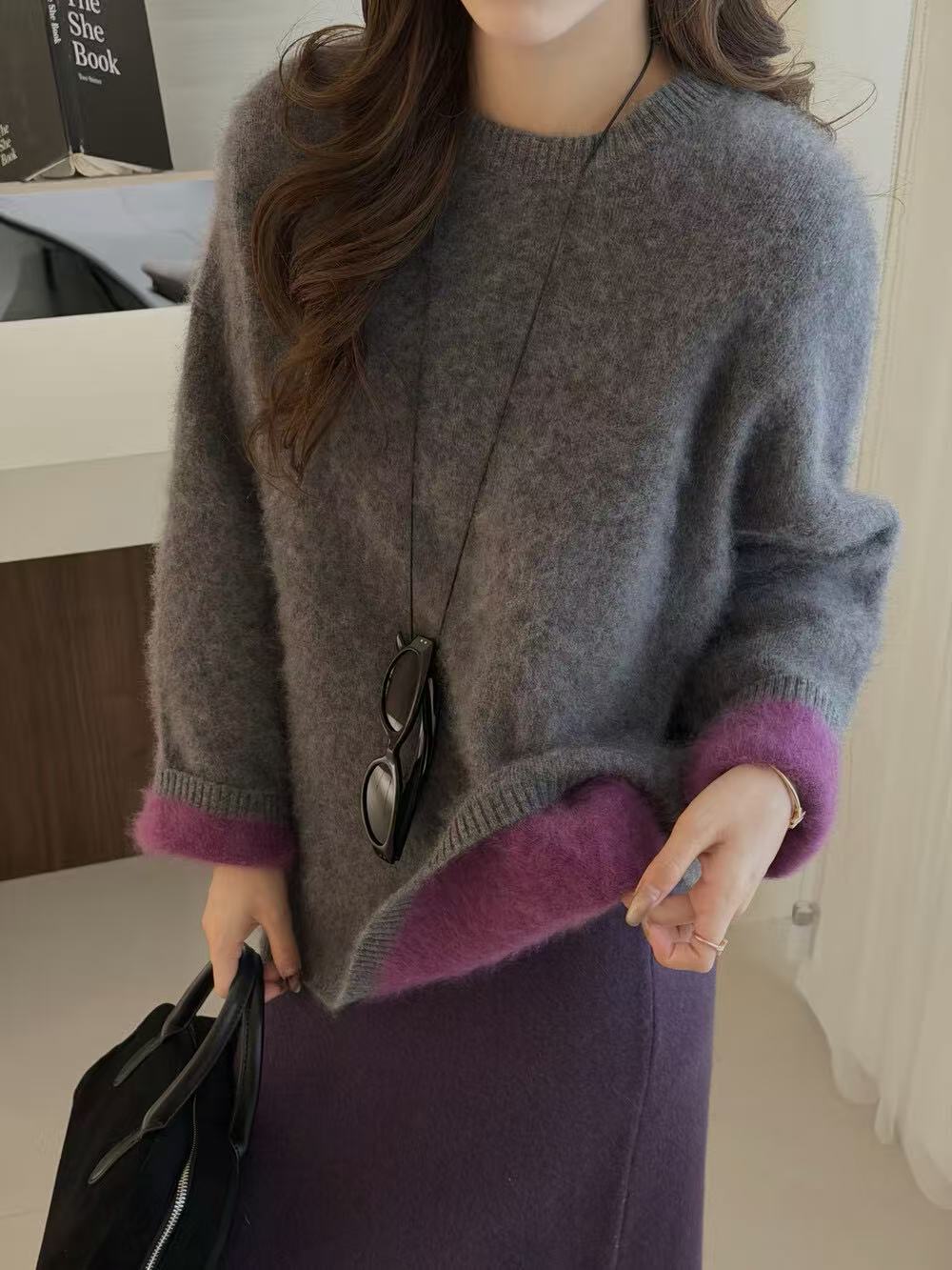 （撞色两面）新款纯色衫不缩水加绒加厚款女落肩袖撞色拉毛33-5668