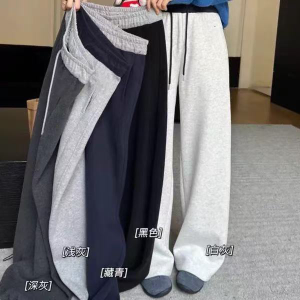 秋冬高腰加绒加厚弯刀休闲裤显瘦宽松螺纹腰头刺绣直筒卫裤