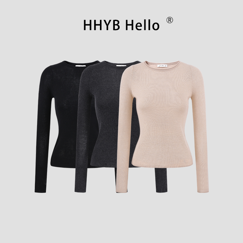 HHYB Hello卷边圆领衫长袖针织衫女设计感露指薄款毛衣M1501