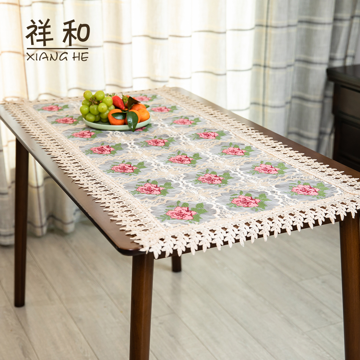 A001-5丝光线（60*120CM长方）米色仿手工十字绣牡丹花盖巾