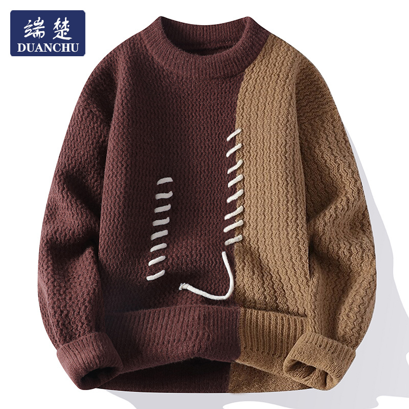 休闲拼色毛衣圆领套头青少年学生宽松半高领保暖秋冬季上衣针织衫