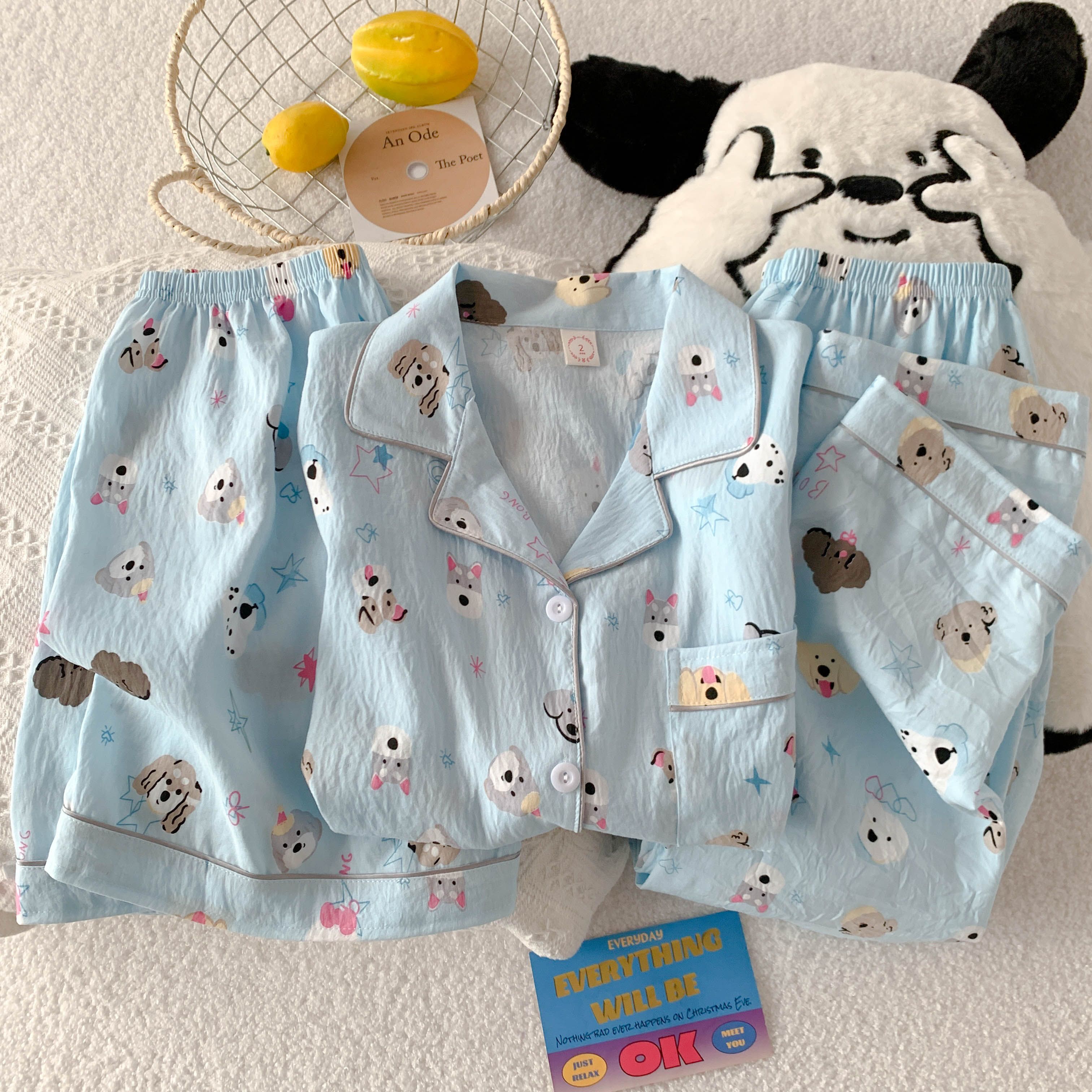 星星小狗三件套云朵棉睡衣女夏季开衫短袖短裤长裤翻领家居服