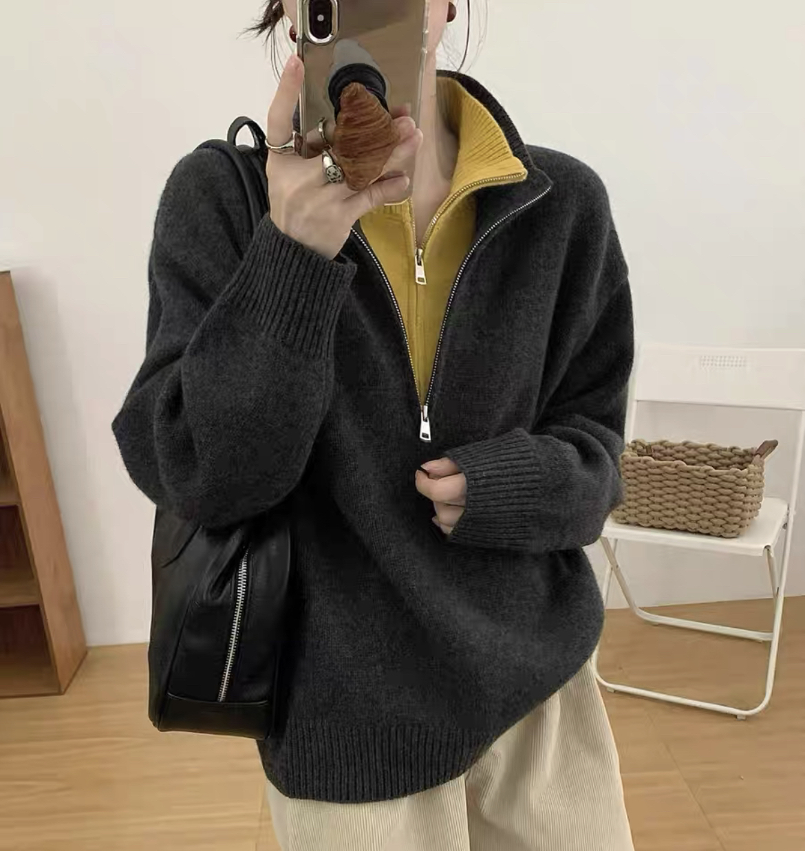 小众高端慵懒风灰色假两件半拉链毛衣女2024双层领秋冬软糯针织衫