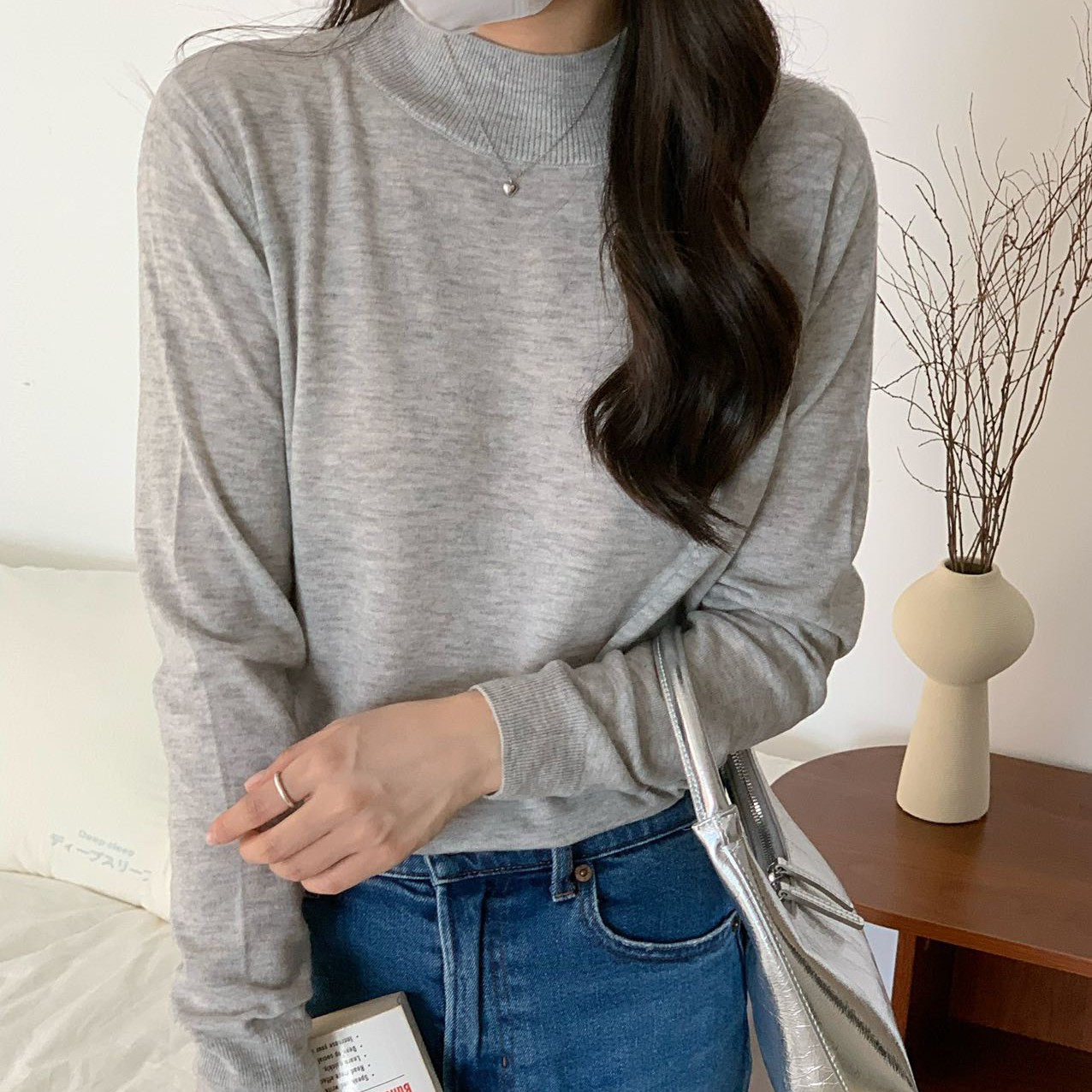 精纺羊毛半高领长袖女套衫