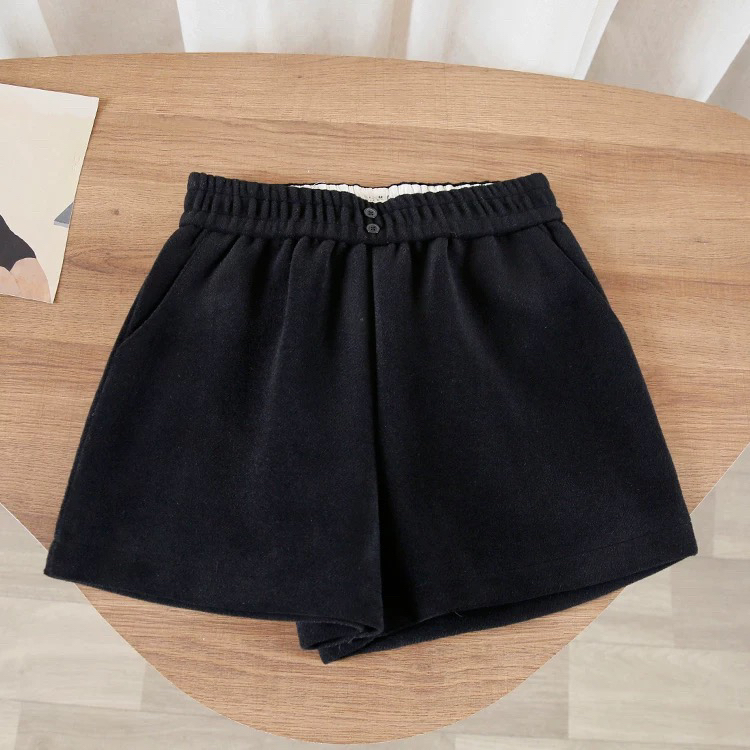 女装冬季新款毛呢加绒高腰显瘦宽松阔腿a字短裤靴裤