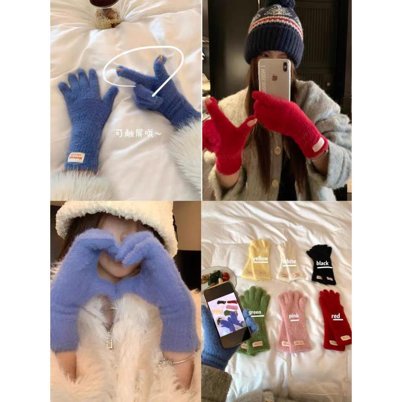 新款毛绒手套女冬季韩版分指露指触屏玩手机长款骑行防寒手套