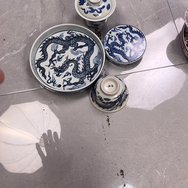 瓷片石****怪青花铠甲龙四件套微瑕