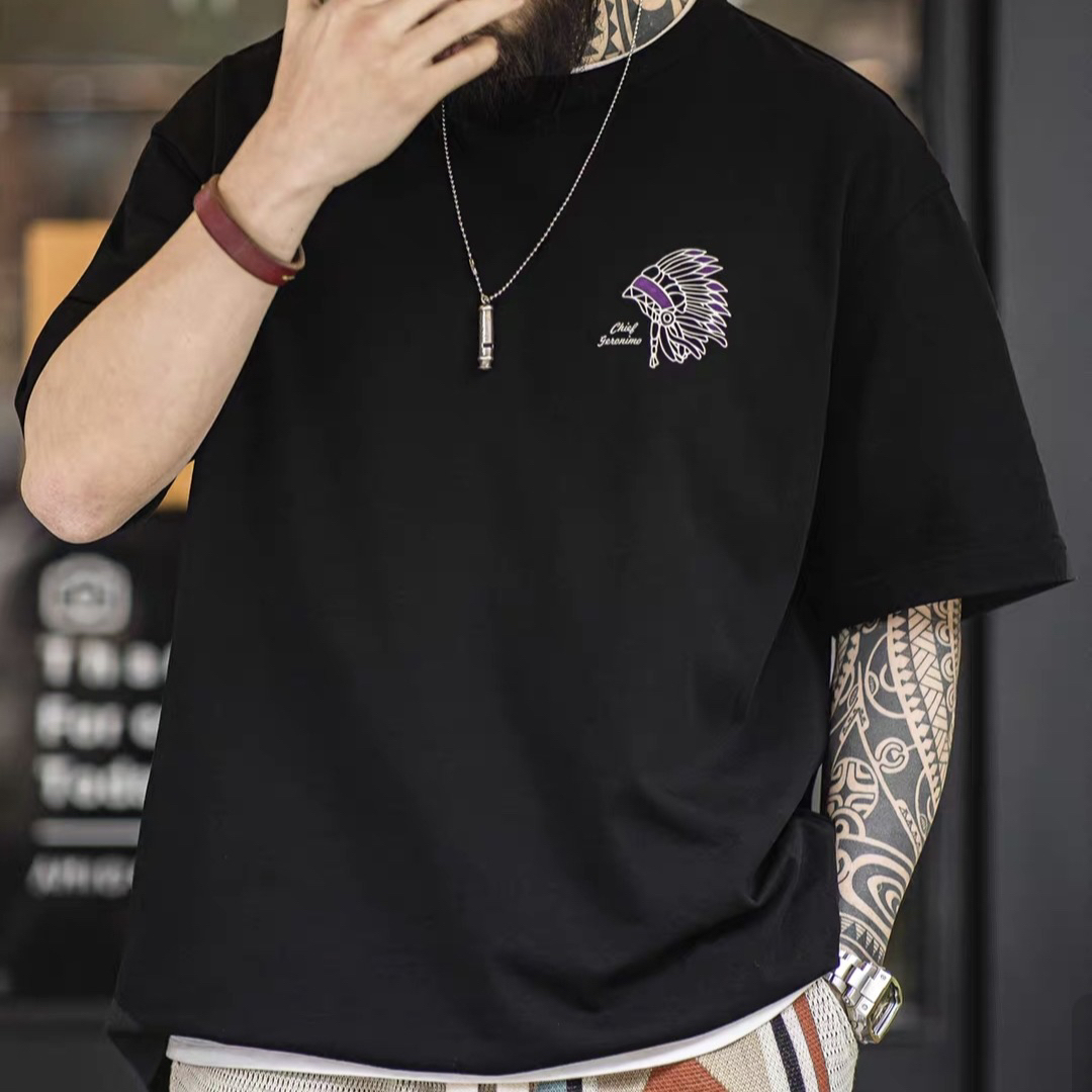 【马】潮牌男款复古印第安字母字母印花宽松纯棉短袖T恤1313-G7-12