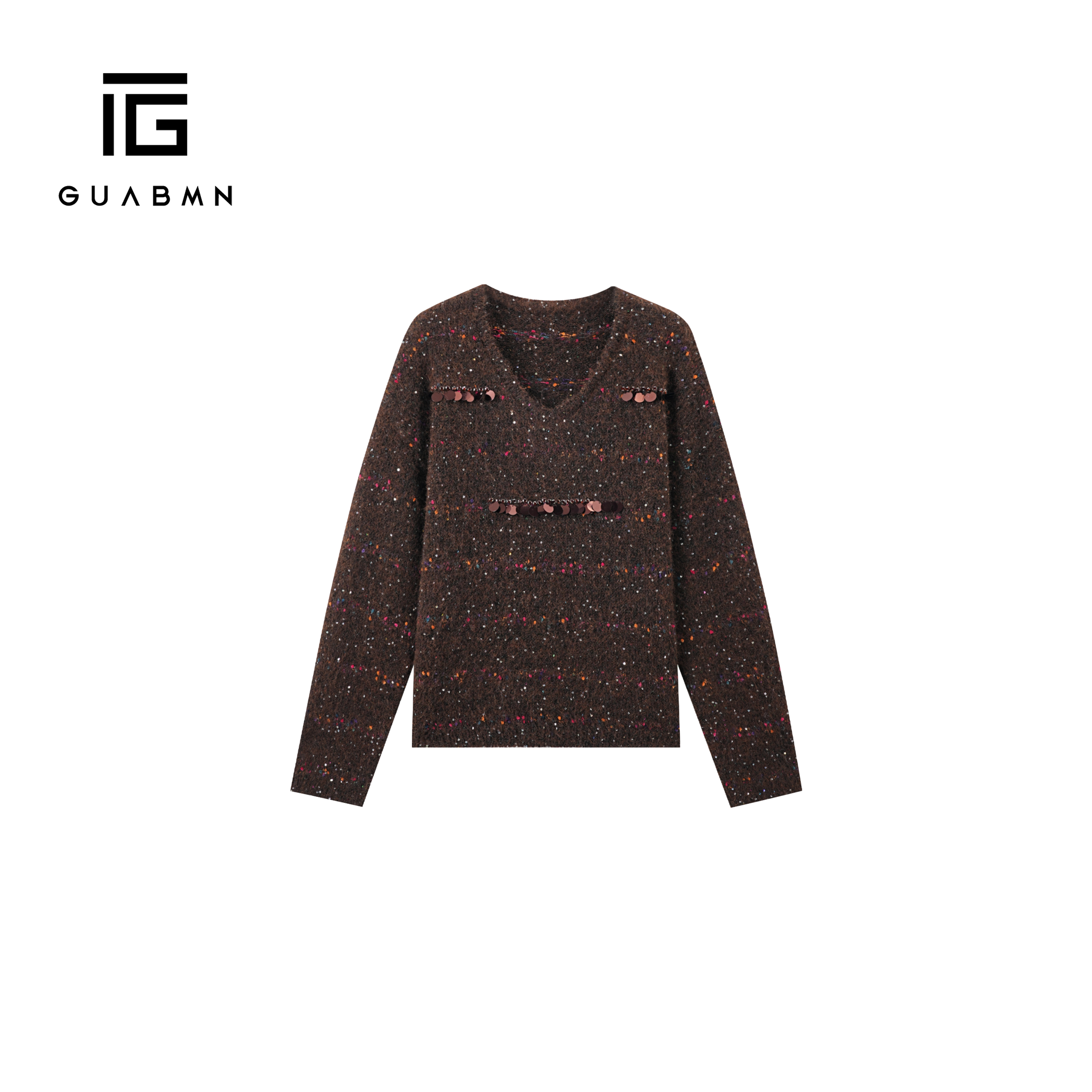 GUABMN2025冬季新款极简风V领补花亮片长袖毛衣时尚百搭毛衣132