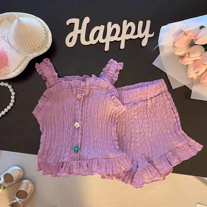 【三色扣】韩版森系三朵小花扣花边背心套装2025炸街女童两件套