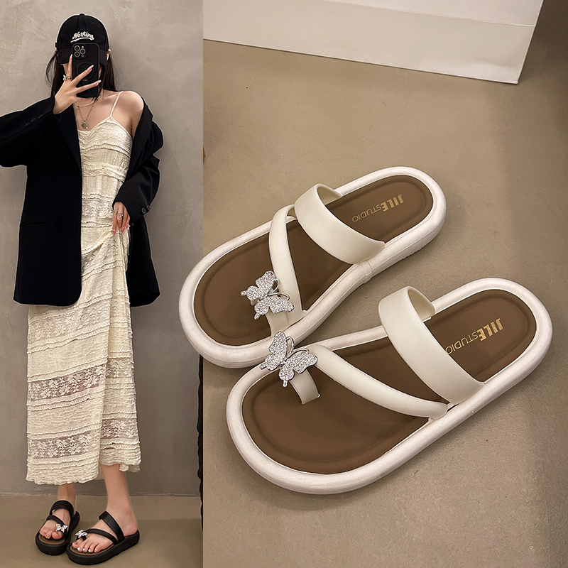 【几乐】2025新款蝴蝶带钻套趾交叉日常夏季百搭沙滩鞋韩版拖鞋时尚