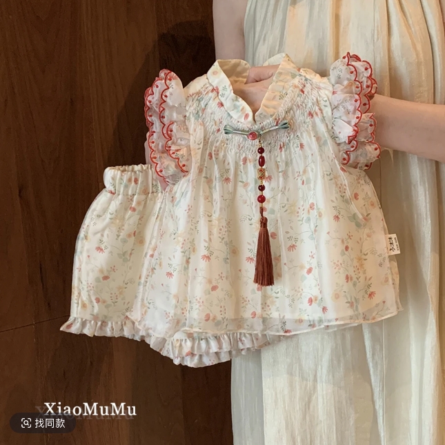 女童国风套装夏季薄款洋气女宝宝短裤背心2025新款夏装两件套