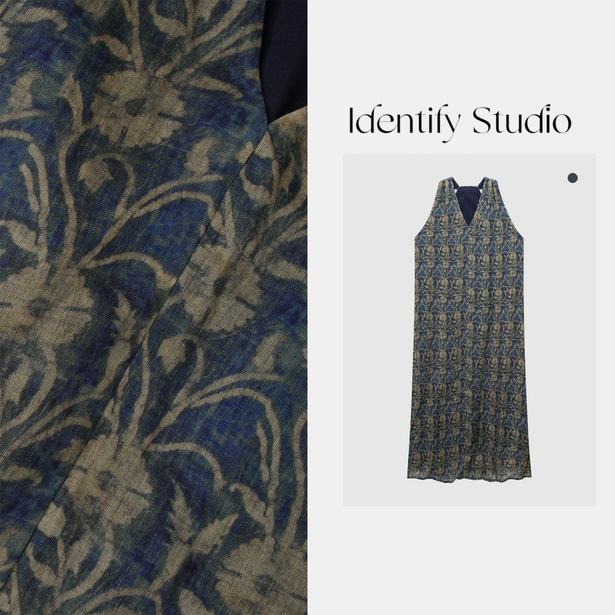 IDENTIFY“腰带裙”夏季新款休闲时尚印花V领苎麻连衣裙25SScm07081