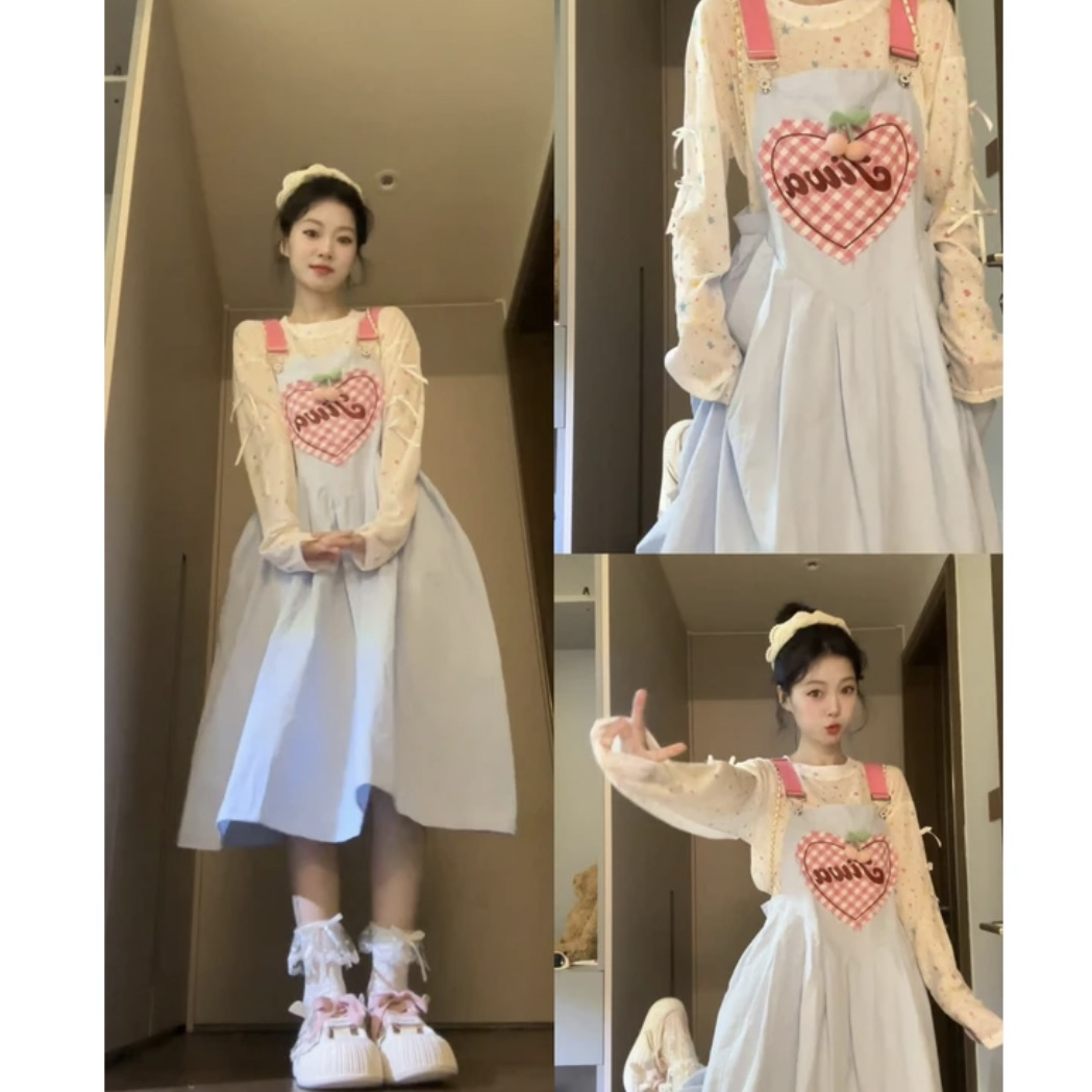 甜美少女风背带连衣裙春季新款宽松减龄套装