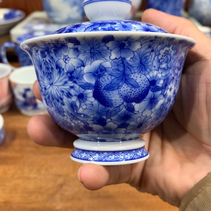 柴窑青花万花盖碗