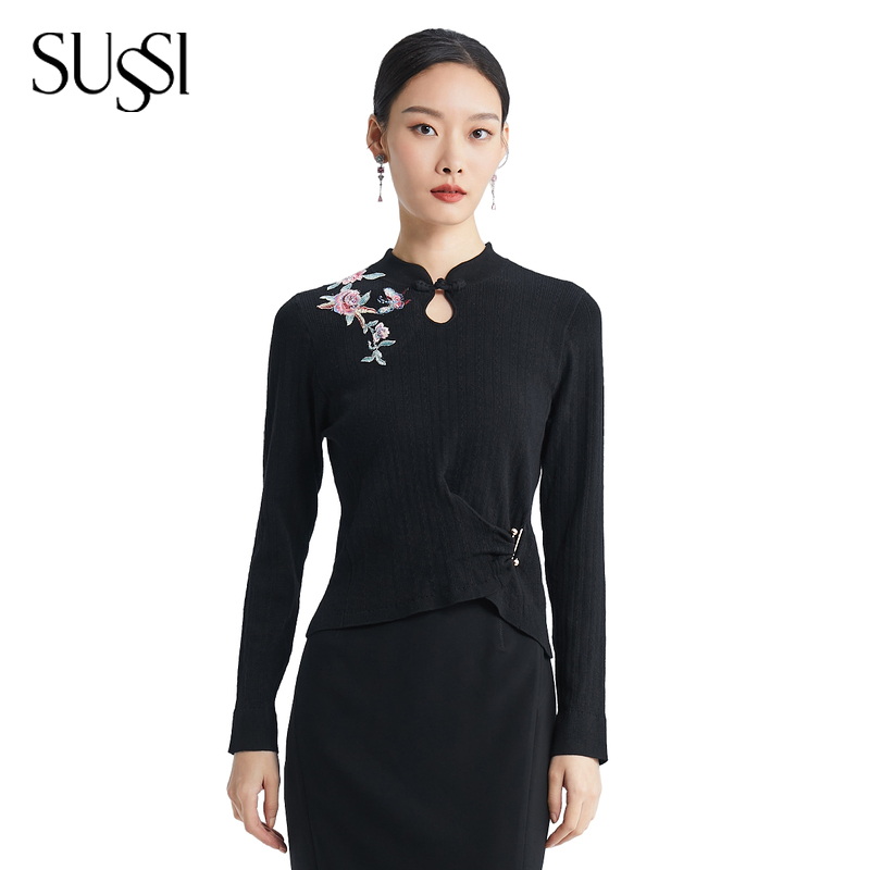 SUSSI/古色黑色中式贴花百搭款修身毛针织衫女