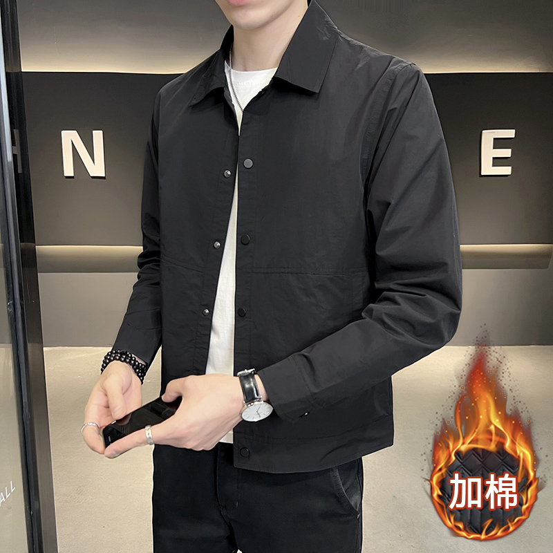 2025新款男士纯色棉质翻领夹克休闲潮流百搭修身长袖外套