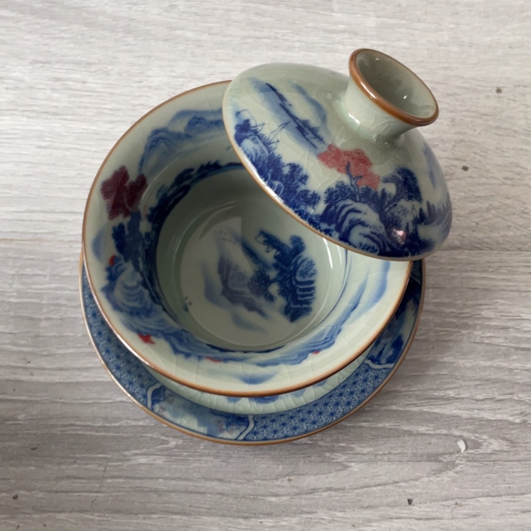 杯富春山居图马蹄盖碗微瑕