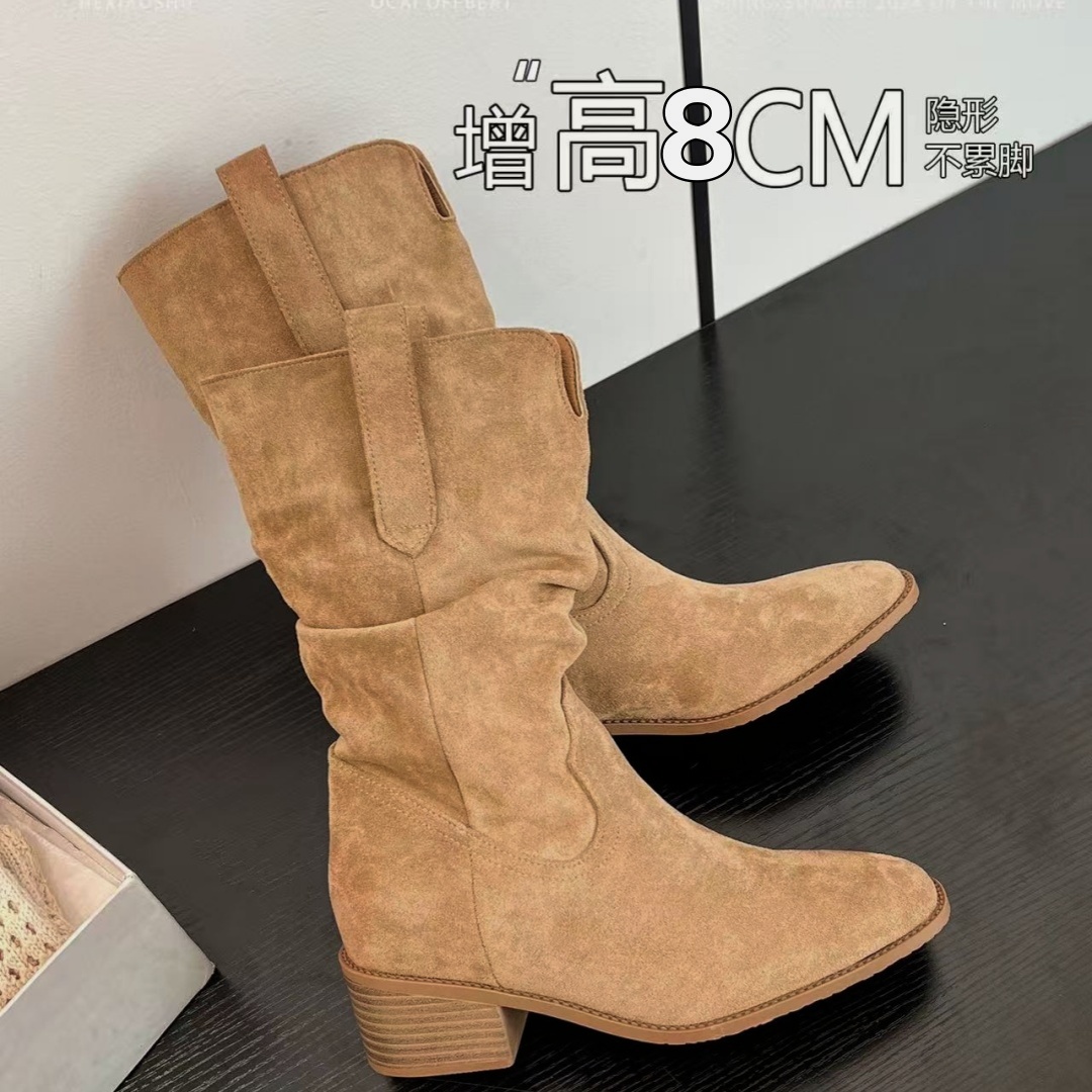 SLover77定制｜真皮版~8cm内增高V口褶皱粗跟沙漠堆堆短靴西部潮靴