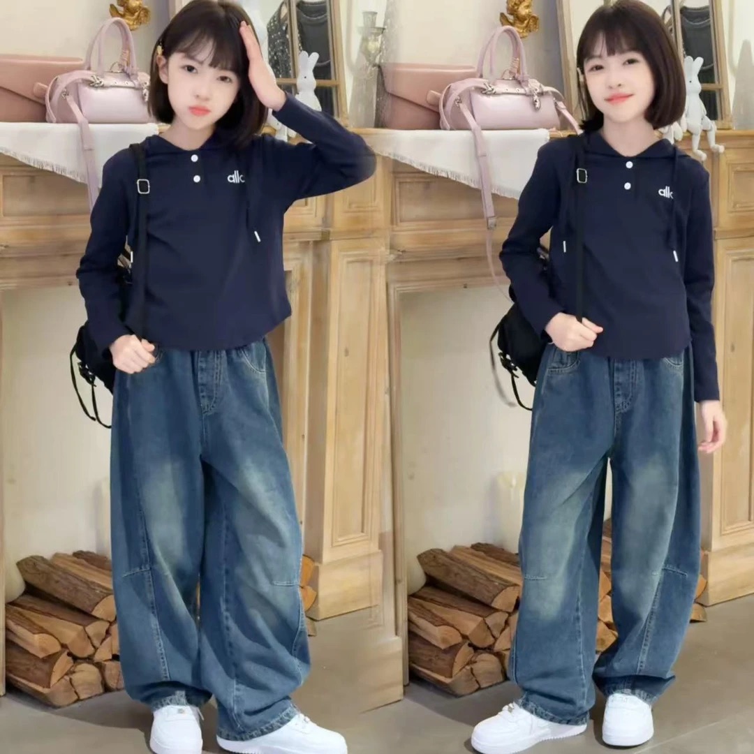 女童连帽衫牛仔套装2025新款春秋韩版儿童休闲宽松女童秋款套装