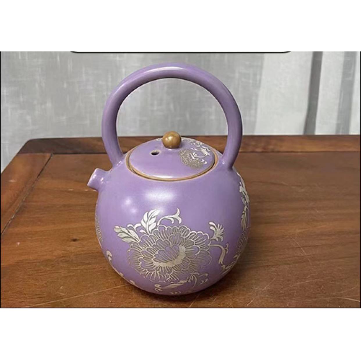 G2377-描银手绘紫色牡丹提梁壶CY