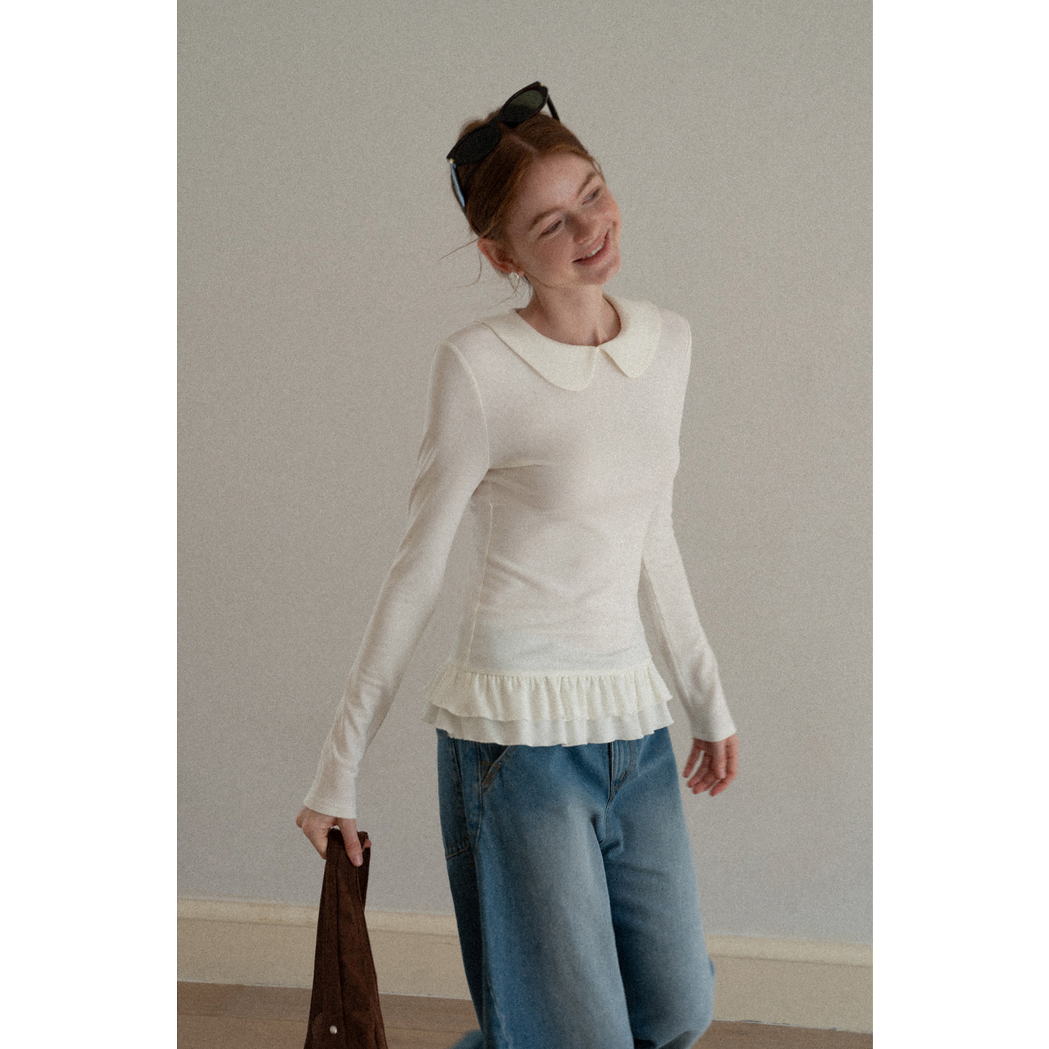 EGGKA 娃娃领少女风温柔气质荷叶边磨毛T恤内搭上衣 E25A30510YM