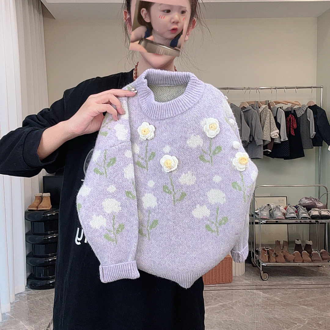 儿童毛衣2026年新款春节洋气奶呼呼毛衣女童宽松立体花朵冬针织衫
