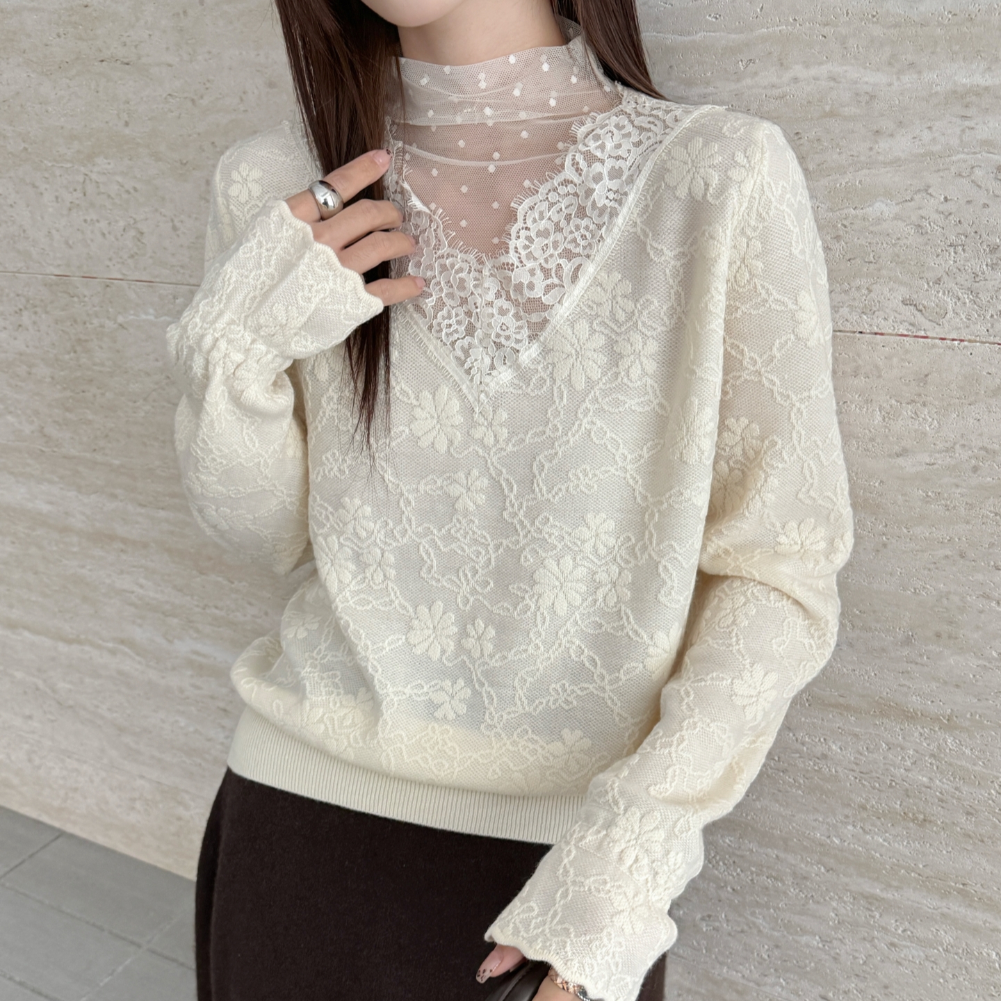 本店实拍&高品质羊毛打底衫蕾丝半高领秋冬好看内搭气质毛衣仙女