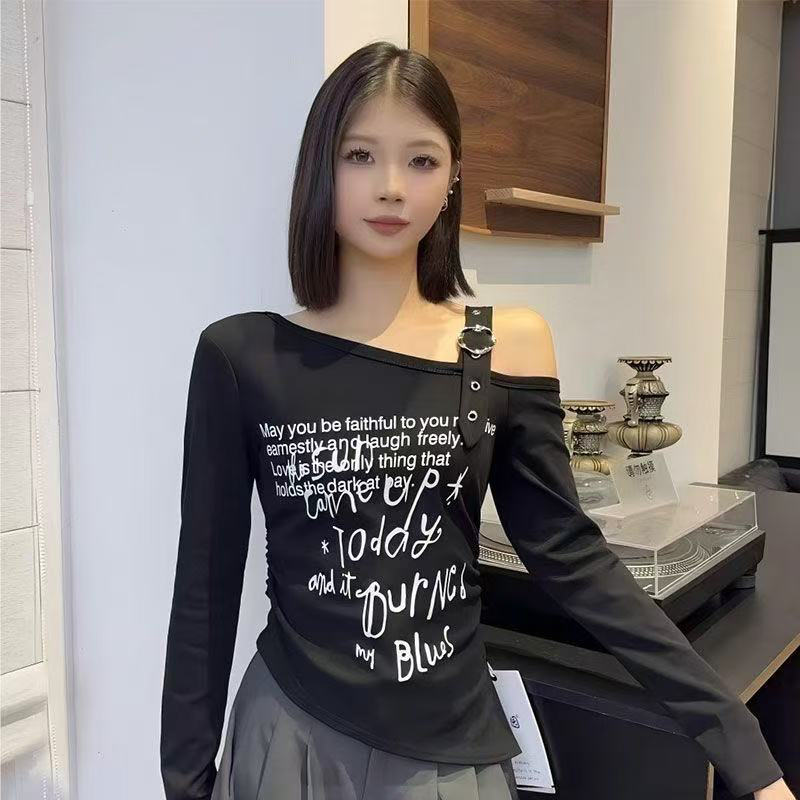 女短款长袖秋季辣妹露肩长袖T恤内搭修身ol套装气质