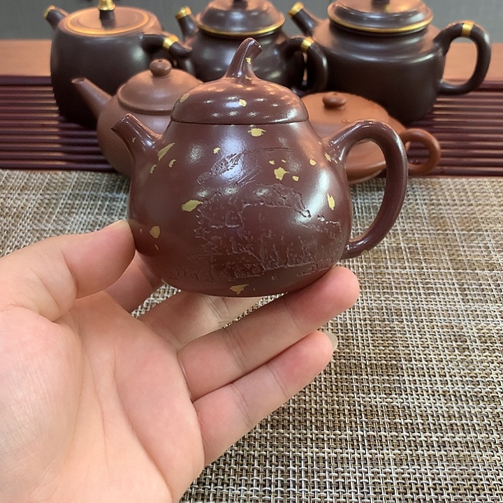 茶壶紫砂龙血砂刻绘+洒金茄瓜180