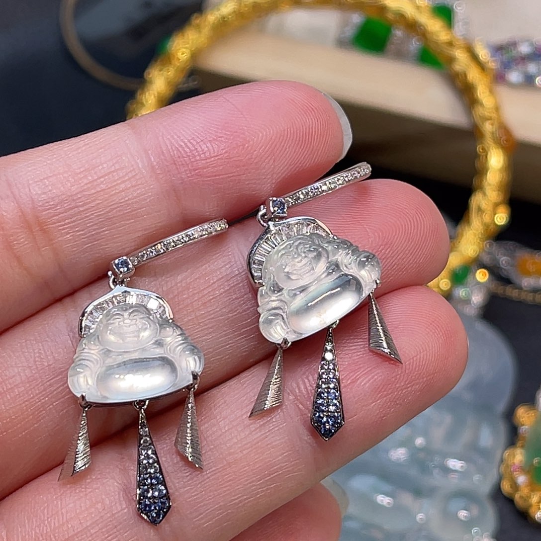 翡翠18K金镶嵌耳饰佛公