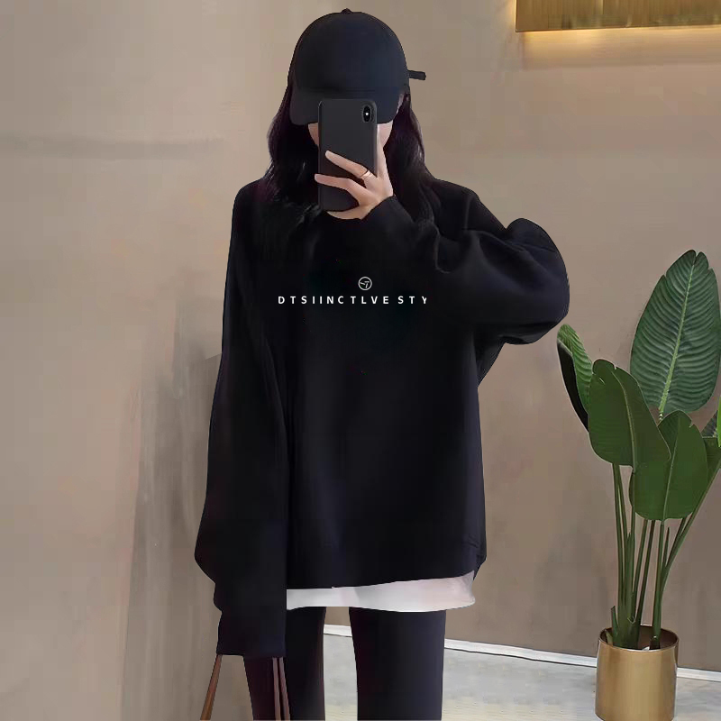 假两件圆领卫衣女2025秋冬新款宽松中长款遮屁股加绒加厚拼接上衣