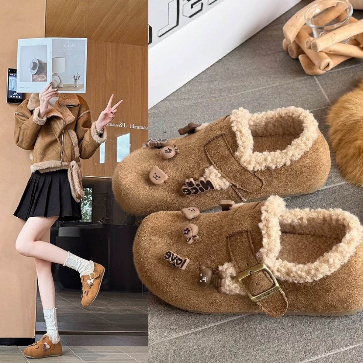 可爱卡通装饰毛绒勃肯鞋女秋冬加绒保暖软木底一脚蹬棉鞋