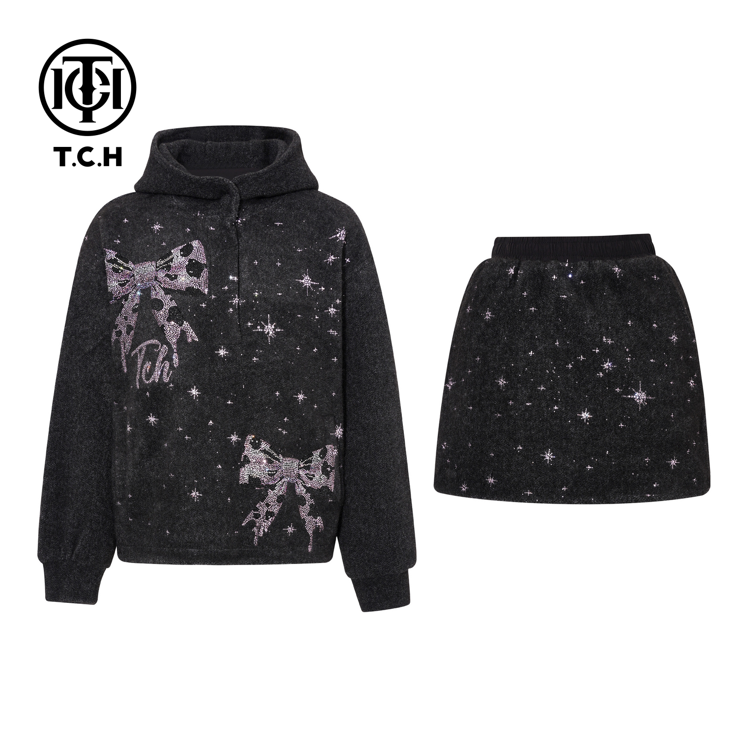 TCH【时尚穿搭】蝴蝶结烫钻连帽加绒卫衣短裙时尚套装T75D07E1091