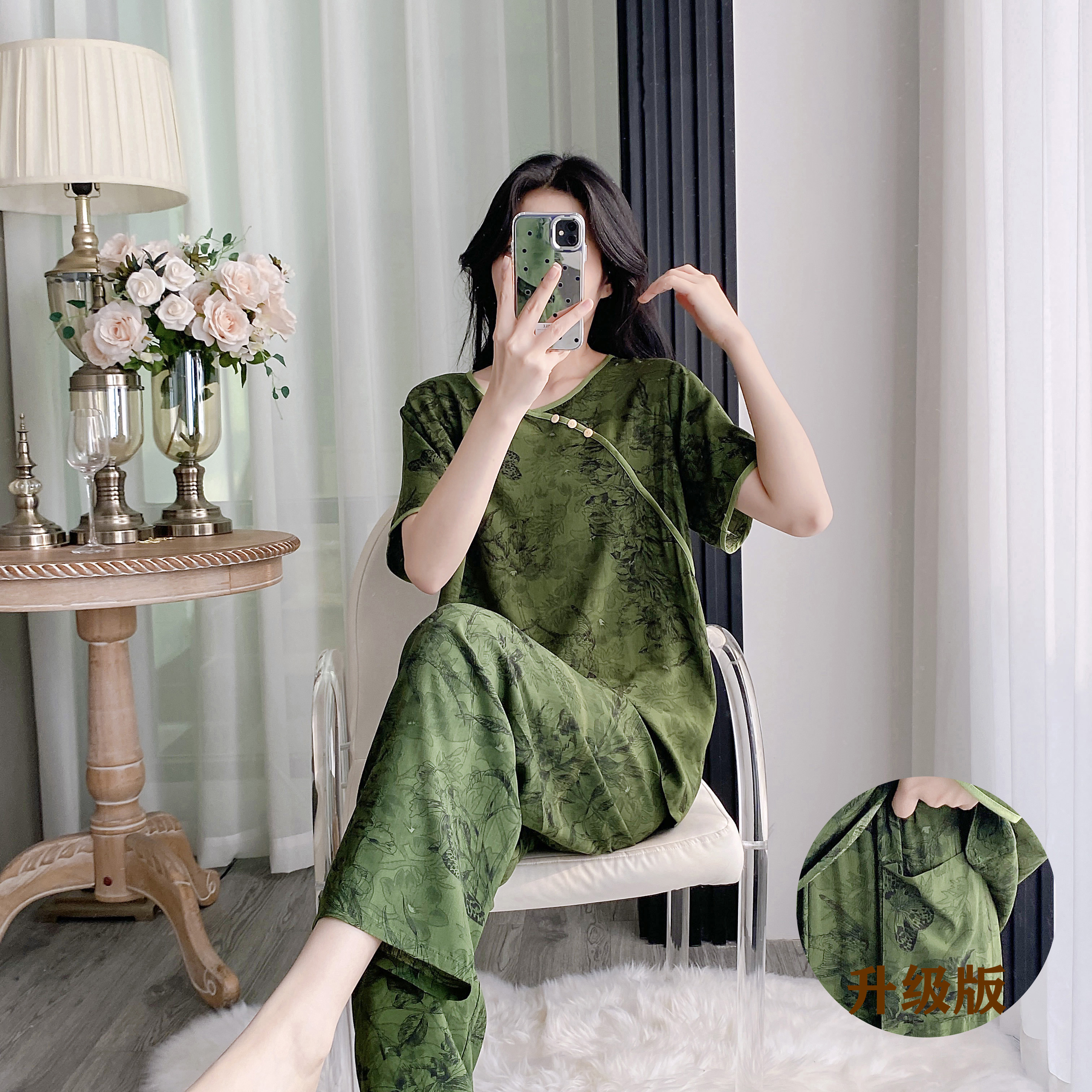 【带口袋】套装棉绸套头女睡衣人造棉薄款家绵绸居服宽松凉感套装