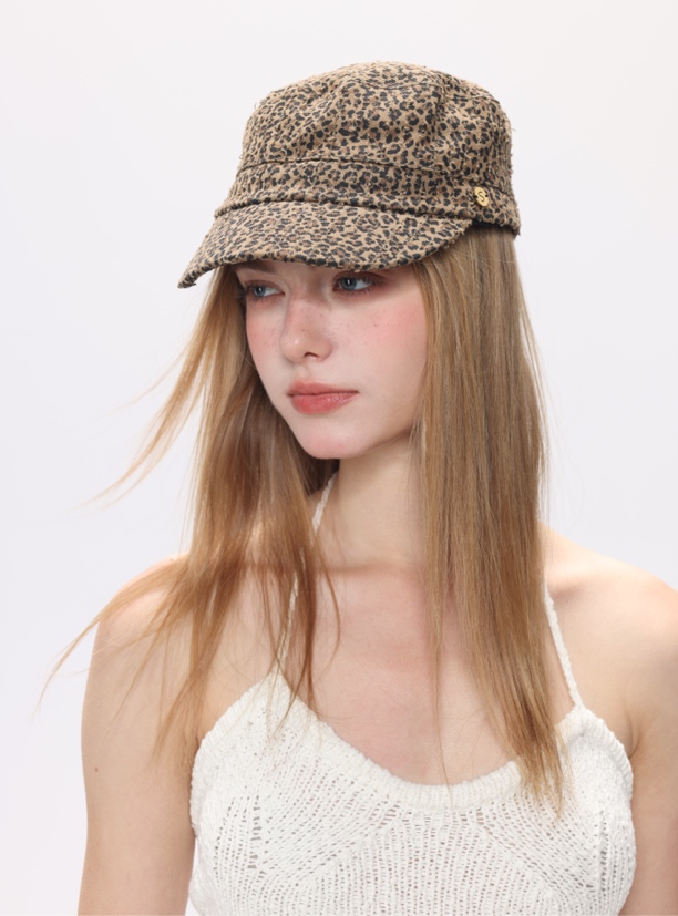 JUNZAI【平顶豹纹骑士帽】百搭鸭舌平顶重工辣妹春夏帽子