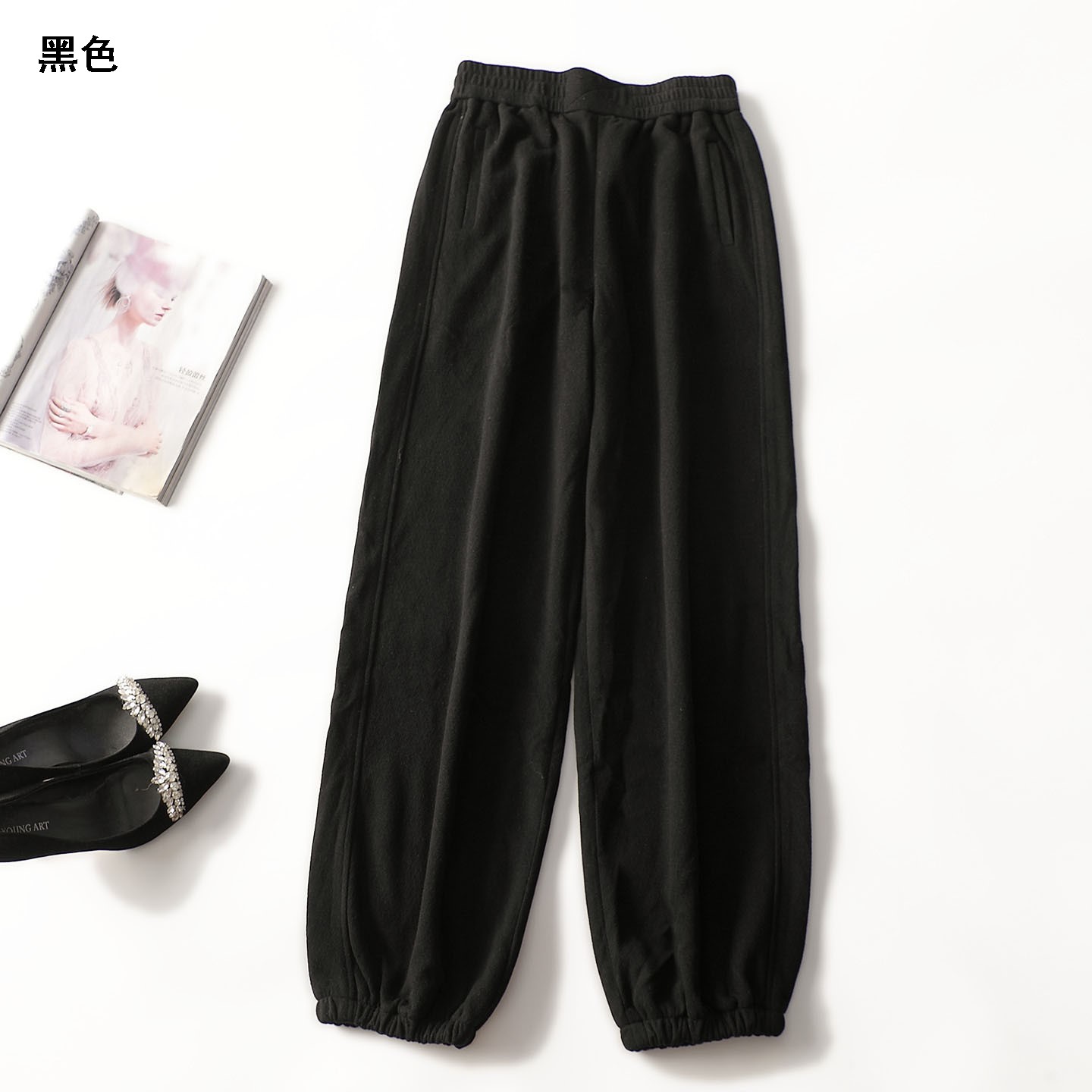 412600冬长款休闲裤阔腿裤宽松加绒外穿黑色秋冬